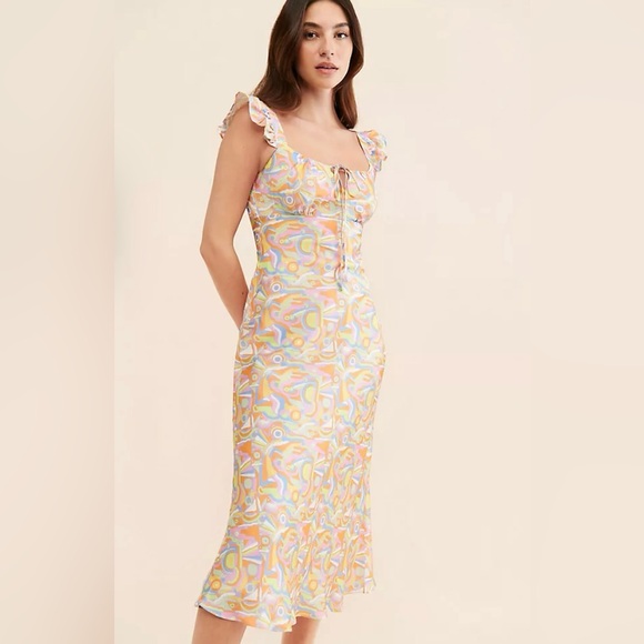 OLIVIA RUBIN Dresses & Skirts - Olivia Rubin Amaya Abstract Print Midi Slip Multicolor Ruffle Dress Size 14